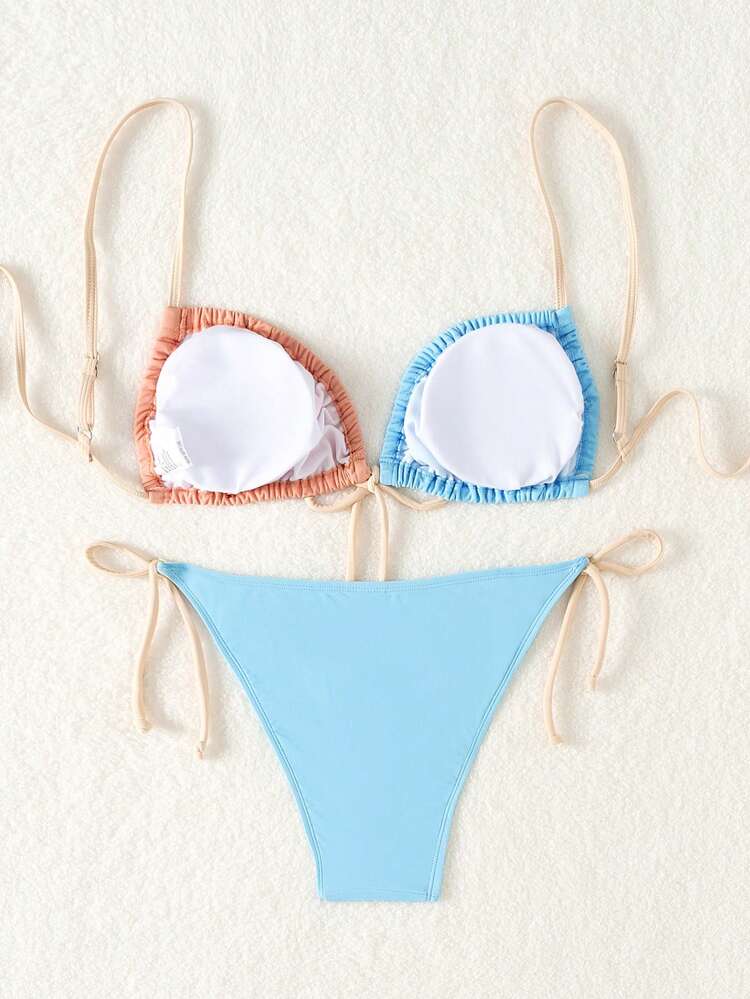 Color Block Halter Strap Bikini Swimwear Set With Shoulder Straps Summer