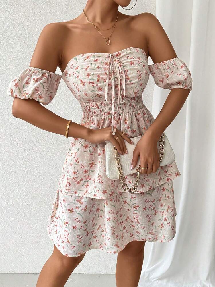 Floral Printed Off Shoulder Puff Sleeve Dress With Belt