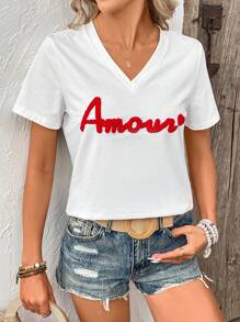 SHEIN Frenchy T-shirt À Manches Courtes En Velours À Col En V Avec Impression De Lettre - Blanc - Voir 4