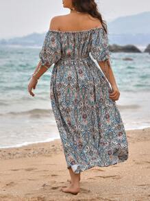Breezaya Plus Size Floral Paisley Print Off Shoulder Puff Sleeve Dress - Multicolor - View 2