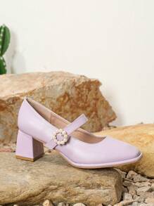 Design cu cataramă pentru damă, cu vârf pătrat, pantofi cu toc înalt cu toc înalt, pantofi cu toc înalt de primăvară și toamnă superbi - Mov Mov - Vizualizare 5