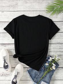 SHEIN Leap Crew Teen Girl Music Festival Casual Short Sleeve T-Shirt With Simple Musical Note Pattern, Summer - Black - View 2