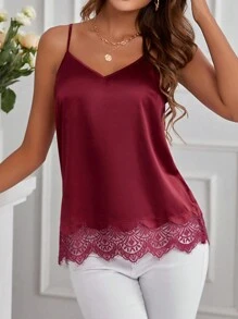 SHEIN Clasi 女士純色蕾絲拼接背心上衣 - 酒紅色 - 查看 3