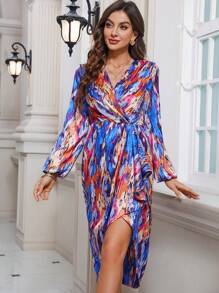 SHEIN Clasi In hoa Cổ chữ V Dây thắt lưng Tay áo lồng đèn Tách Đầm - Nhiều màu - Xem 1