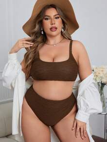 SHEIN Swim Curve 大码纯色纹理比基尼套装 适合夏季海滩 - 棕色 - 查看 3