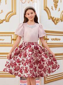 SHEIN Tween Girls' Sweet Puff Sleeve Shirt With Jewel Neckline And Floral Print Skirt Two-Piece Set - Burgundy - View 9