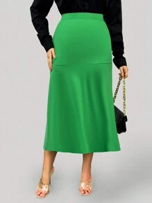 SHEIN Clasi Plus Solid Mermaid Hem Skirt - Green - View 3