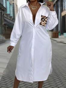 Maweii Plus Leopard Pocket Patched Button Front Shirt Dress Maxi Women Outfit - White - View 3