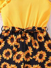少女太陽花印花拼接連體褲,襯有荷葉邊領口 - 黃色 - 查看 4