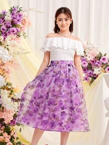 SHEIN Conjunto De Blusa De Hombros Descubiertos Con Doble Capa De Adornos Fruncidos Y Falda De Organdí Con Estampado Floral Para Adolescentes - Multicolor - Ver 5