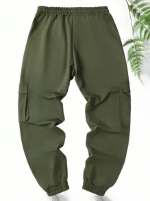 Pantalones de chándal de moda para hombres nuevos, con diseño personalizado de letras impresas, múltiples bolsillos y cintura con cordón para la primavera y el otoño - Verde militar - Ver 2