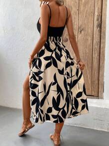 SHEIN VCAY Của phụ nữ Vá lại Thực vật In Váy Dây - Đen và trắng - Xem 2