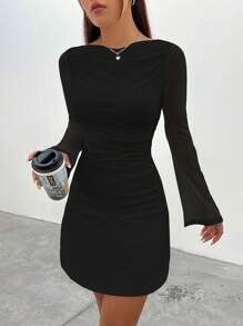 SHEIN EZwear 女士褶皺網紗長袖連衣裙 - 黑色 - 查看 3