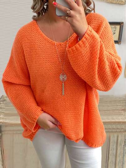EMERY ROSE Plus Size Women V-Neck Loose Long Sleeve Casual Regular Knitted Pullover Sweater, Autumn/Winter Fall
