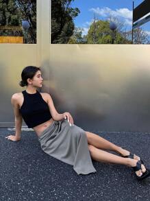 Dazy X KIMYOUJUNG 纯色扭结细节长款拉链开衩半身裙 秋季半身裙