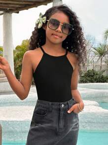 SHEIN Tween Girls' Ribbed Casual Tank Top - Black - View 1