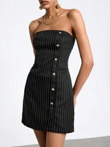 Maija Sọc Chi tiết Nút Quây Đầm - màu đen - Xem 6