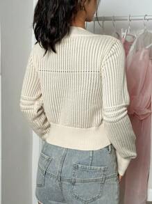 Flirla Solid Color Hollow Out Knit Round Neck Sweater Knit Pullover Fall Winter Outfit
