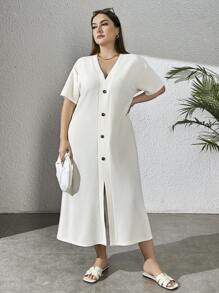 SHEIN Essnce Women's Plus Size Comfortable And Casual Apricot Long Dresses With Decorative Button, Slit, V-Neck - Apricot - View 3