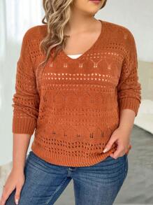 EMERY ROSE Plus 1pc Pointelle Knit Drop Shoulder Sweater - Burnt Orange - View 1