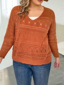 EMERY ROSE Plus 1pc Pointelle Knit Drop Shoulder Sweater - Burnt Orange - View 4