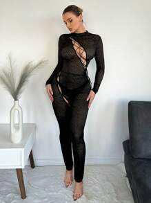 SHEIN SXY 女士斑馬印花中空交叉肩帶透視連體褲性感生日裝春夏女裝單身派對 - 黑色 - 查看 6