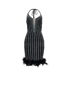 女士时尚水钻装饰仿羽毛交叉露背吊带连衣裙 - 黑色 - 查看 3