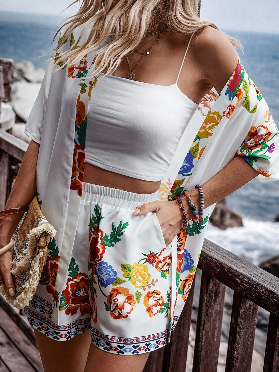 SHEIN Holidaya Floral Print Drop Shoulder Coat & Shorts Without Tube - White - View 1