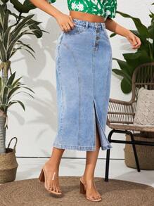 Breezaya 牛仔分襟短裙,帶口袋 - 淺色水洗藍 - 查看 4