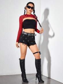 ROMWE Avant Gothic Rock Punk Style Sheer Mesh Sleeveless Top With Metallic Rings Decor - Red - View 3
