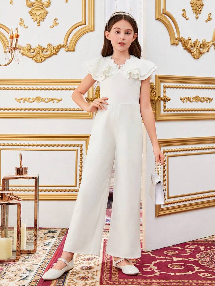 Tween Girls' Jumpsuit With Ruffle Hem For Casual Wear