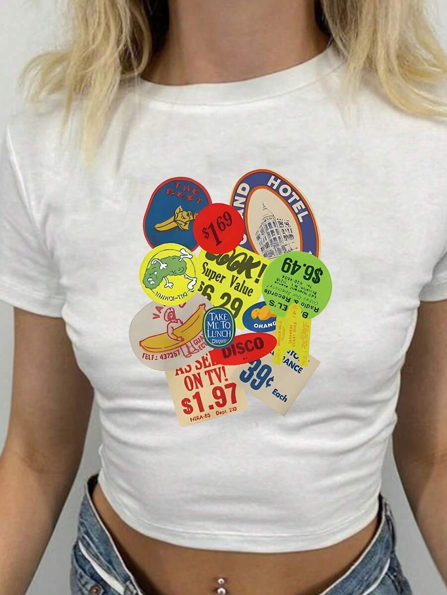 INAWLY Women's Y2k Letter Print Short Sleeve T-Shirt