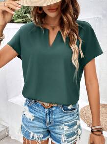 SHEIN Frenchy 純色斜角領短袖襯衫 - 墨綠色 - 查看 3