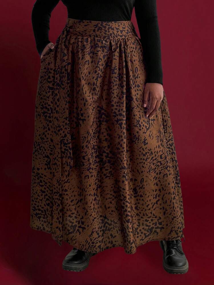 Plus Size Leopard Print Belted Skirt Fall Cloth For Women