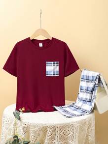 SHEIN 2pcs/Set Tween Boys' Casual Round Neck Short Sleeve T-Shirt And Plaid Pants Homewear Set - Burgundy - View 2
