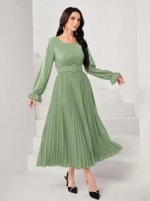 Modelyn Của phụ nữ Vòng cổ Tay áo loe Đầm Với Viền xếp - màu xanh lá - Xem 5