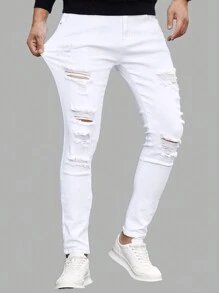 SHEIN Leap Crew 少年男孩休閒實色撕裂牛仔褲