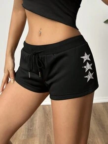 SHEIN Unity Women's Sexy American Style Ultra Short Shorts With Star Pattern - Black - View 6