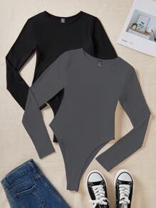 Flirla Women Bodysuits Plain Casual - Dark Grey - View 3