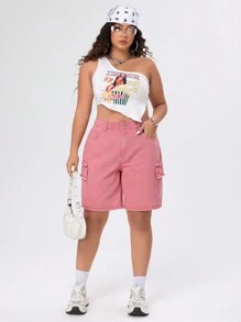 SHEIN ICON 大码纯色流苏工装牛仔短裤，适合夏季 - 粉色 - 查看 4