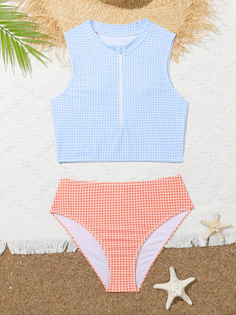 Teen Girls' Color Block Plaid Zipper Front Tankini Swimwear Set - Multicolor - View 1