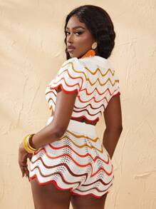 BamGleam Wave Pattern Short Sleeve Knitted Top And Shorts Casual Set