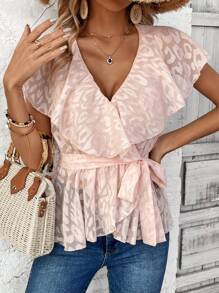 Chiquease Blusa de mujer con cuello en V, decoración de volantes y estampado de leopardo jacquard