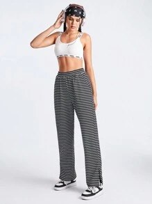 Streetz SHEIN Sport Striped Elastic Waist Slant Pocket High Slit Straight Leg Pants - Black and White - View 4