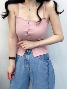 DAZY Của phụ nữ Màu thuần Thon gọn Mặt trước Nút Áo ba lỗ Áo - Hồng - Xem 6