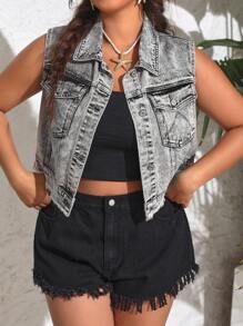 SHEIN ICON Plus Size Vintage Sleeveless Frayed Denim Jacket - Light Wash - View 1