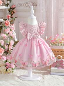SHEIN Glamorique Kids 嬰兒女孩優雅蝴蝶結裝飾提花拼布蝴蝶鑲嵌網紗荷葉邊洋裝 - 粉色 - 查看 2