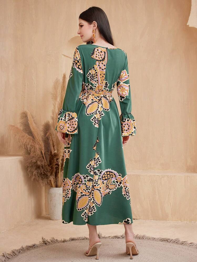 Women's Bell Sleeve A-Line Dress With Cashew Flower Print