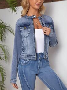 SHEIN LUNE Chaqueta De Mezclilla De Manga Larga Con Cuello Alto Y Cremallera Frontal Para Mujer