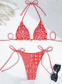 SHEIN Swim 夏季沙灘女士印花露背比基尼套裝 - 紅白色 - 查看 1